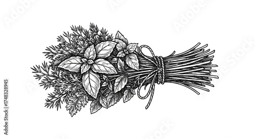 Intricate monochrome botanical bundle featuring basil and greens