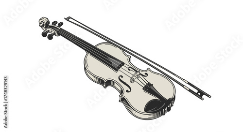 Classic violin and bow in detailed line art style on white background
