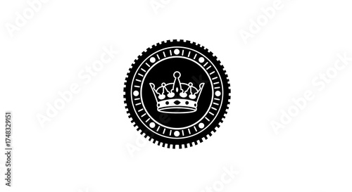 Royal crown emblem with gear circle design in black and white silhouette style
