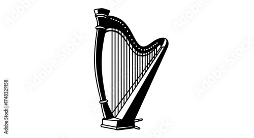 Elegant black and white silhouette of a classical harp