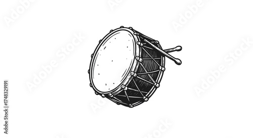 Vintage percussion drum with sticks in hand drawn style