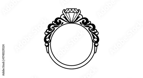 Elegant black and white ornate ring design with gemstone silhouette