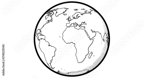 Hand drawn globe with continents emphasized in black and white sketch style