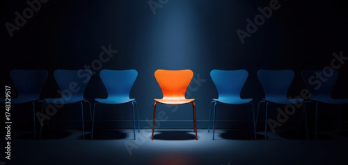 Modern orange chair brightly spotlighted in dark row against blue wall among companion seats. Recruitment, Job candidate interview, headhunting concept. Human Resources Day, Career Day. Panoramic