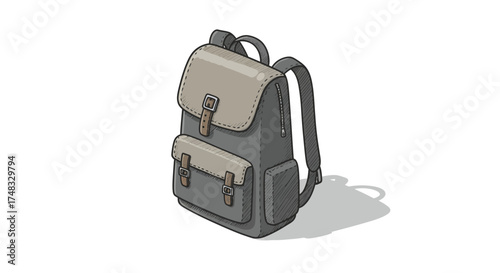 Stylish backpack with pockets in vintage art style isolated on white background