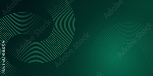 Abstract green glowing geometric lines on dark green background. Shiny circular line pattern. Futuristic tech design perfect for banners, posters, websites, and covers.