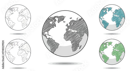 Simple world map sketches in monochrome and color variations