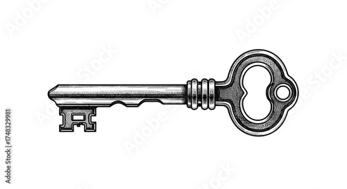 An antique brass skeleton key with ornate detailing on the bow and shaft.