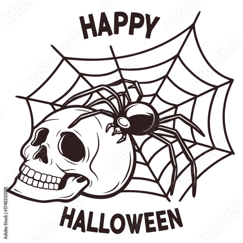 Happy Halloween Vector Illustration with Skull, Spider, and Web – Scary Horror Design for Party Invitation, Poster, T-shirt, or Decoration