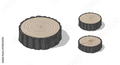 Cartoon tree stump cross-section with bark and growth rings in three sizes