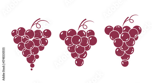 Decorative bunches of dark red grapes with stems and leaves in a minimalistic style.