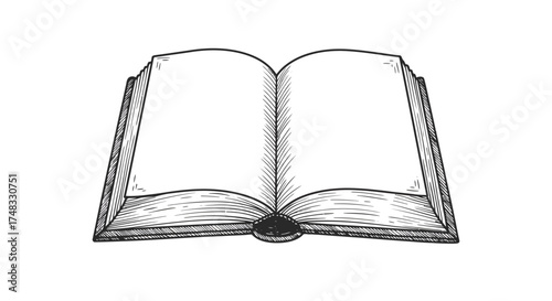Open book sketch in black and white with detailed lines