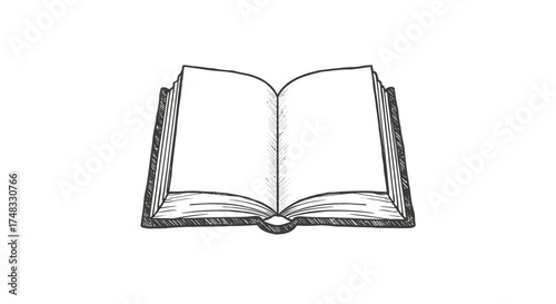 Hand drawn sketch of open book with detailed pages on white background