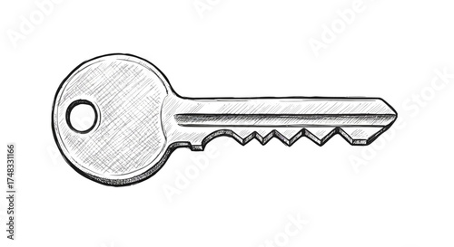 Hand drawn sketch of a detailed key with cross-hatch shading
