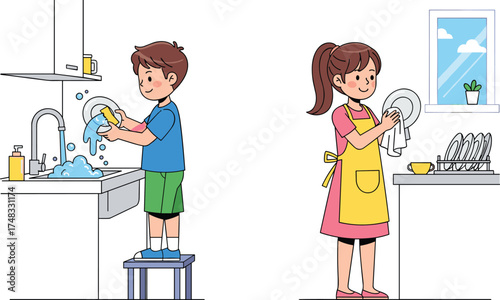 Cartoon kids washing and drying dishes, kitchen teamwork, household chores, boy and girl cleaning, sink scene, cad drawing flat vector illustration
