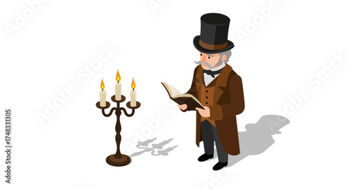 Isometric vintage man reading by candlelight in top hat and suit