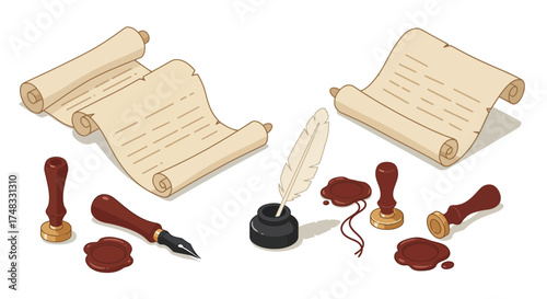 Ancient scrolls and quill with wax seal stamps on parchment paper