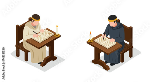 Isometric medieval monks writing manuscripts by candlelight