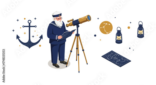 Sailor with telescope and constellations in nautical scene