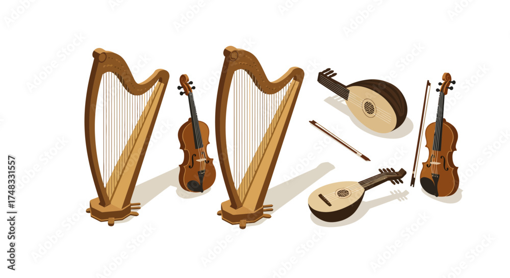 Isometric musical instruments set: harps, violins, and lutes in a classic style