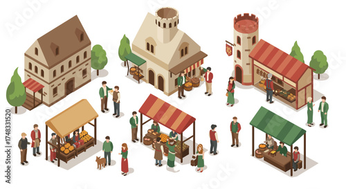 Medieval market scene with stalls and people in isometric style
