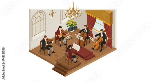 Elegant chamber orchestra performing in vintage setting