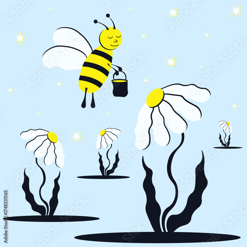 Bee and honey. Vector illustration of hand drawn kids bee on the daisy flower field. Summer child hand drawn abstract. Perfect kid interior room poster design. EPS 10