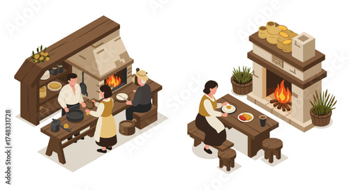 Medieval tavern scene with people in warm isometric style
