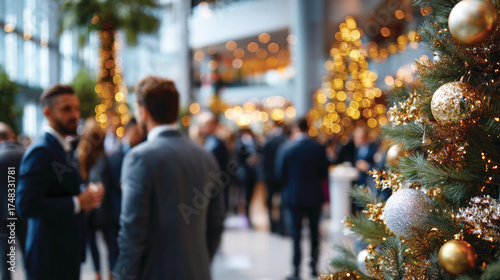 Blurred shot of business people at Christmas holiday party in office center 