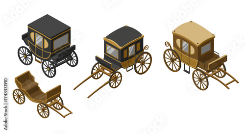 Vintage isometric carriages set: classic horse-drawn vehicles in various styles