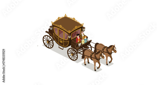 Isometric vintage horse carriage with passengers and horses on white background