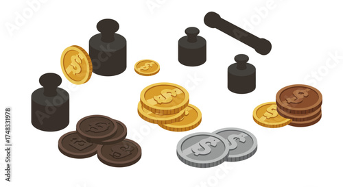 Isometric currency and weights: gold, silver, bronze coins with antique weights