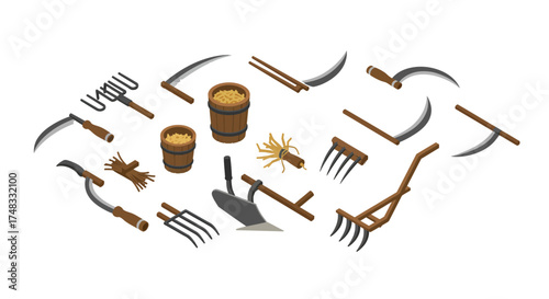 Isometric farm tools collection with wooden barrels and hay bundles