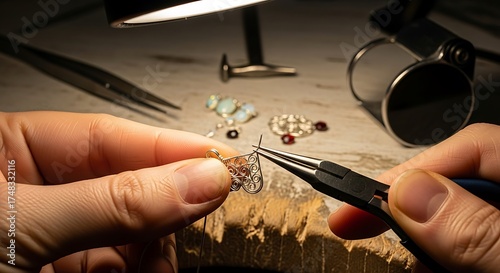 Artisan creating delicate filigree jewelry with precision tools under focused light showcasing craftsmanship