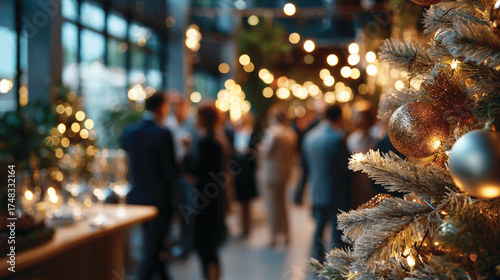 Blurred shot of business people at Christmas holiday party in office center 