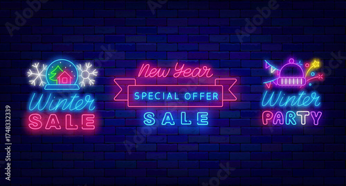 Winter party and sale neon labels collection. Happy New Year with ribbon frame. Vector stock illustration