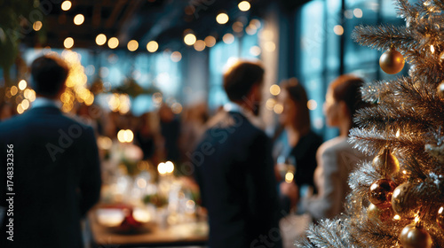 Blurred shot of business people at Christmas holiday party in office center 
