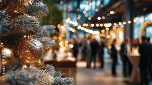 Blurred shot of business people at Christmas holiday party in office center 