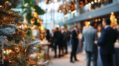 Blurred shot of business people at Christmas holiday party in office center 