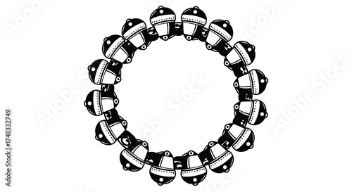 Black and white circular pattern of bells with a festive design