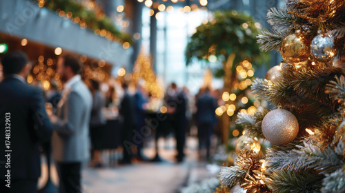 Blurred shot of business people at Christmas holiday party in office center 