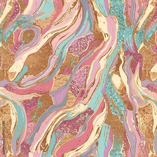 Seamless pattern of digital gold foil waves blended with pastel pink blue purple and cream hues accented with rose gold and turquoise glitter
