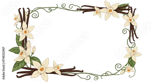 Elegant vanilla flower and bean border design element for sweet creations and recipes.