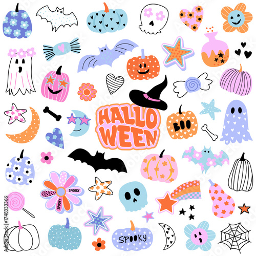 Hippie Groovy Halloween Pumpkin. Vector patches. Funny sticker pack with flowers, heart., Retro 60s 70s funny style cliparts