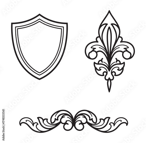 Elegant black and white heraldic design elements with shield fleur de lis and flourishes