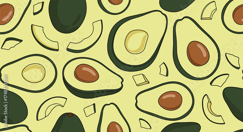 A vibrant and fresh seamless pattern featuring ripe avocados and subtle highlights creating a delightful culinary backdrop.