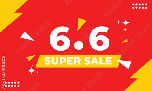Vibrant 6.6 super sale banner in bold red and yellow with white typography and abstract shapes. Ideal for digital marketing, online store promotions, and seasonal discount advertising.