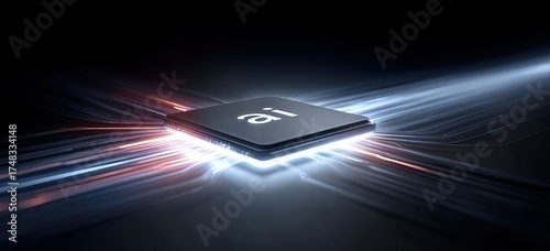 Central Microchip Processing Unit with AI Symbol Emitting Glowing Blue and Orange Light Streaks on Dark Background