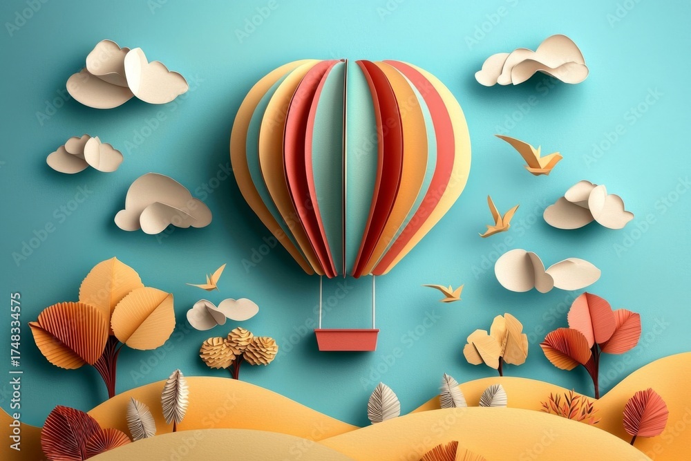 Naklejka premium Creative origami style hot air balloon design ideal for kids' celebrations.