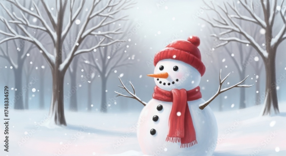 Obraz premium Snowman with red hat and scarf in a winter scene